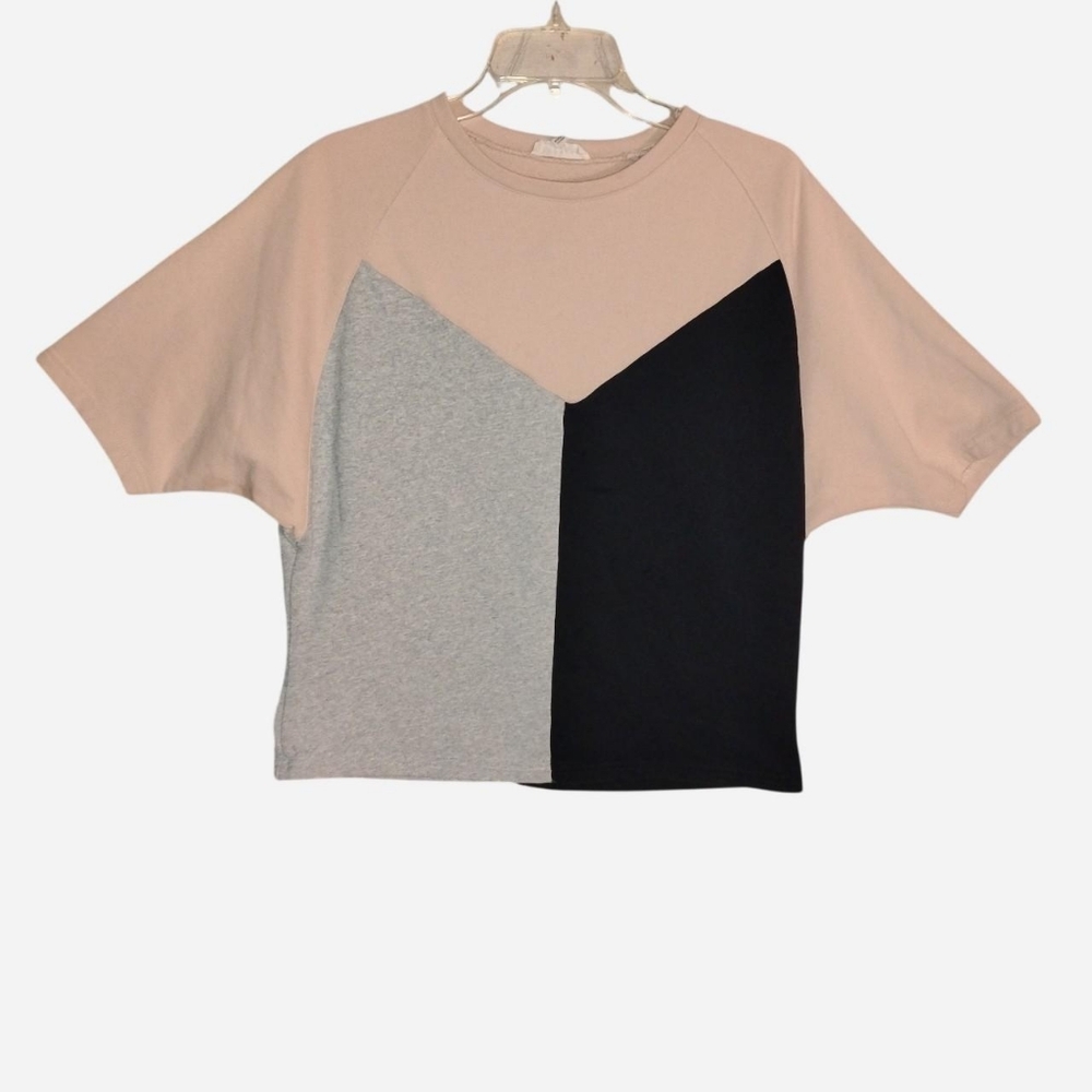 Promesa Colorblock Short Sleeve Cropped Sweatshirt - Size Small - Tan Gray Black